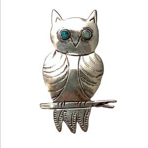 Native American OWL Brooch Turquoise Sterling Silver Signed